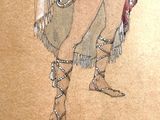 drawing of a woman in a costume holding a sword and a shield