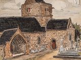 dessin représentant une vieille église avec un clocher en arrière-plan