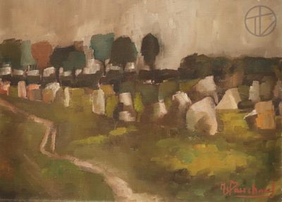 painting of a painting of a field with a dirt road and trees
