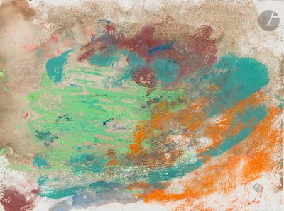 peinture abstraite dans des tons de vert, d'orange et de bleu sur fond blanc