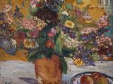 painting of a vase of flowers and fruit on a table