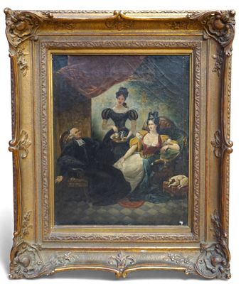 un tableau représentant une femme assise sur un canapé à côté d'un homme et d'un chien