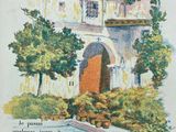 painting of a building with a red roof and a red door