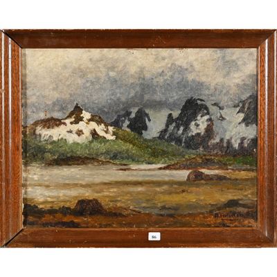 une peinture représentant une scène de montagne avec un lac au premier plan