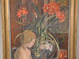 un tableau représentant un enfant en train de lire un livre à côté d'un vase de fleurs