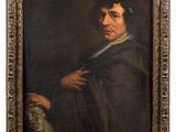 an old painting of a man holding a cat in his hand