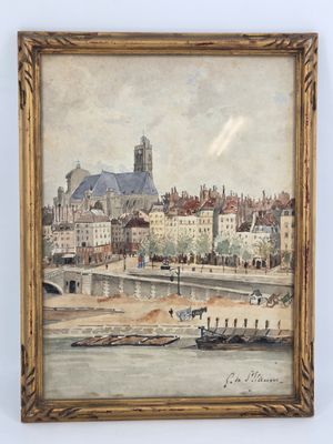painting of a view of a city with a river and a bridge