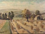 an oil painting of a field with trees in the distance