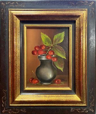 an oil painting of cherries in a black vase with a gold frame