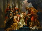 une image représentant un tableau où l'on voit un groupe de personnes et un chien