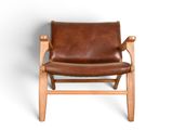 an image of a brown leather chair with a wooden frame