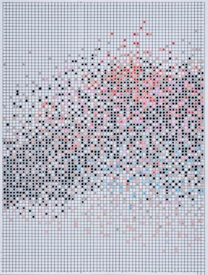 a cross stitched picture of a mountain with dots on it