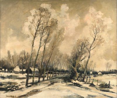 une image représentant un tableau représentant un paysage enneigé avec des arbres