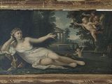 tableau représentant une femme allongée sur le sol dans un décor boisé