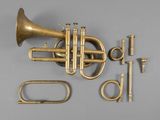 an image of a brass trumpet and other musical instruments on a gray surface