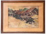 painting of a village scene with boats and houses on the water