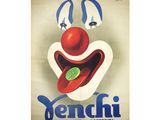 une vieille affiche représentant le visage d'un clown avec un sourire