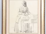 a drawing of a woman sitting on a table with her legs crossed