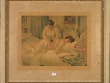 tableau représentant une femme en robe blanche assise sur un lit à côté d'une autre femme en robe blanche
