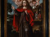 a painting of a man in a red cloak holding a staff