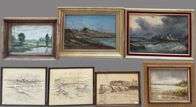 many paintings hanging on the wall next to each other