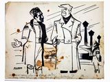 drawing of two men standing next to each other on a wall