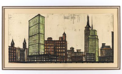 dessin représentant la silhouette d'une ville, avec des gratte-ciel et des immeubles en arrière-plan