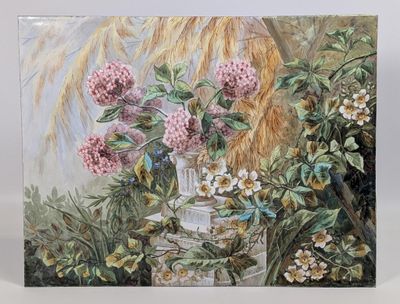 Plaque émaillée rectangulaire figurant un jardin avec vasque…