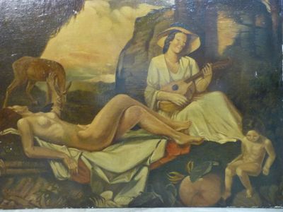 O. MOBS COP 1947 " Scène onirique ". Huile sur toile maroufl…
