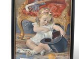 tableau représentant une petite fille assise sur une chaise, un chapeau sur la tête