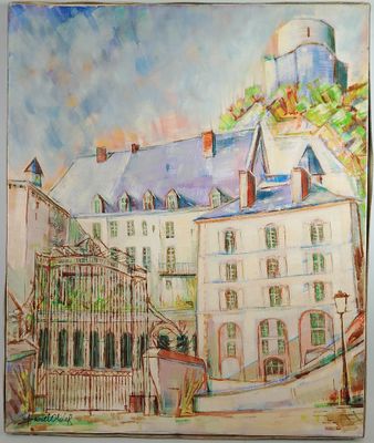 tableau représentant un bâtiment surmonté d'une tour horloge