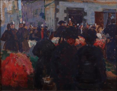 peinture d'une foule de personnes debout devant un bâtiment