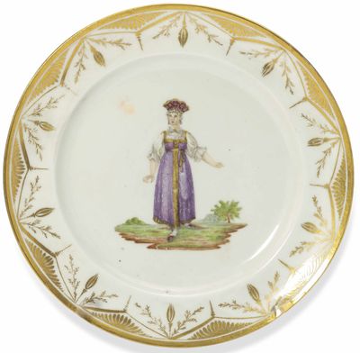 une image représentant une assiette sur laquelle figure une femme en robe violette