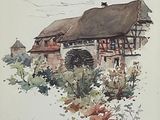 a watercolor painting of a house with a thatched roof