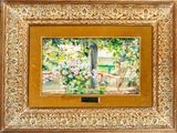 an image of a painting of a garden with flowers in a gold frame