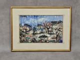 tableau représentant un paysage avec des arbres et des buissons, dans un cadre doré, accroché à un mur gris