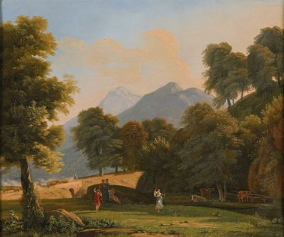 une image représentant un tableau où l'on voit des personnes dans un champ près d'une montagne