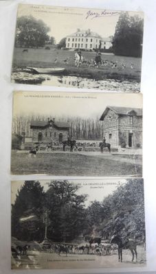 two old black and white photos of horses and carriages in front of a building