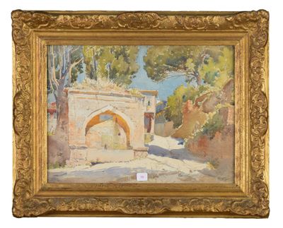an oil painting of a gate in the middle of a village
