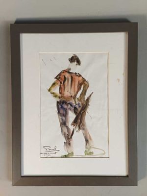 tableau représentant un homme en costume, coiffé d'un chapeau et muni d'une canne