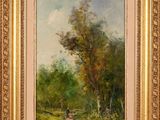 a painting of a path in a wooded area with trees