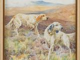 tableau représentant deux chiens dans un champ, avec une montagne en arrière-plan