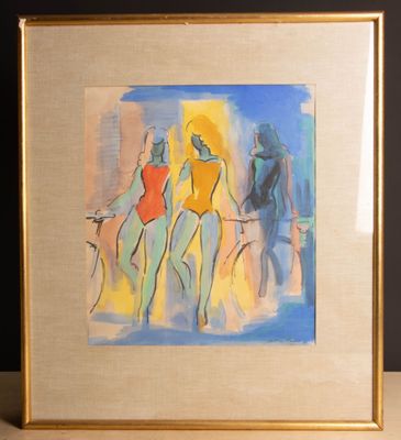 tableau représentant trois femmes en maillot de bain posées sur une table devant un fond noir