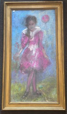 painting of a little girl in a pink dress holding a pink balloon