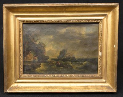 une peinture à l'huile représentant un bateau sur un plan d'eau, avec un château en arrière-plan