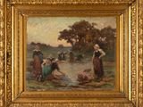 an oil painting of a group of people in a field by a river