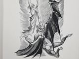 a black and white drawing of a demon and a woman