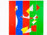 an abstract painting with multiple colors and shapes on a white background