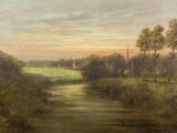 peinture représentant un paysage avec une rivière et une église au loin