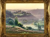 l'image d'un tableau représentant un paysage avec un château au loin